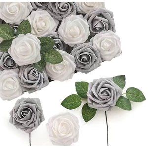 25 Count White & Silver Roses Wedding Floral Bouquet Flowers Decor ~ New